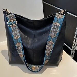 NEW: Stylish Black polyurethane Bag with Blue Strap